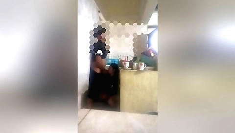 Hot amateur brunette girl with hot lips fucked in the kitchen