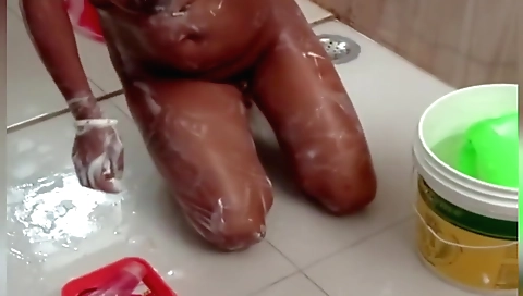 Indian blonde in a bathing room and a cock in her pussy