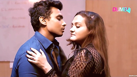 Red-haired babe and her new young boyfriend on the bed