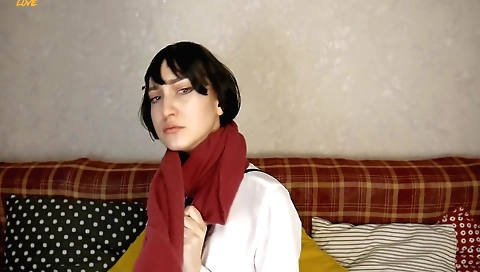 Fingering hot brunette and chubby guy in stockings