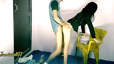 Funny delivery boy giving her a gift in a webcam clip