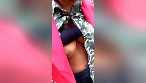 Brunette in black outfit has her pussy fucked in yard