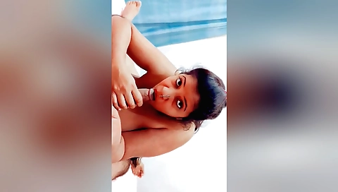 Amateur brunette giving a blow job in front of webcam